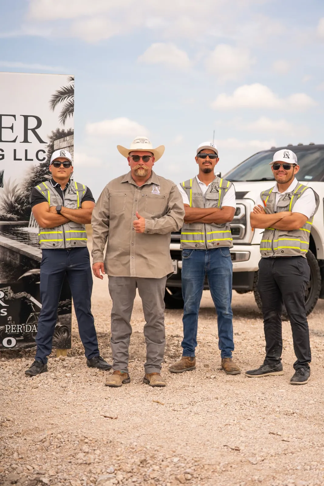 Nate Fischer and three crew members in Fischer vests beside a company truck and sign