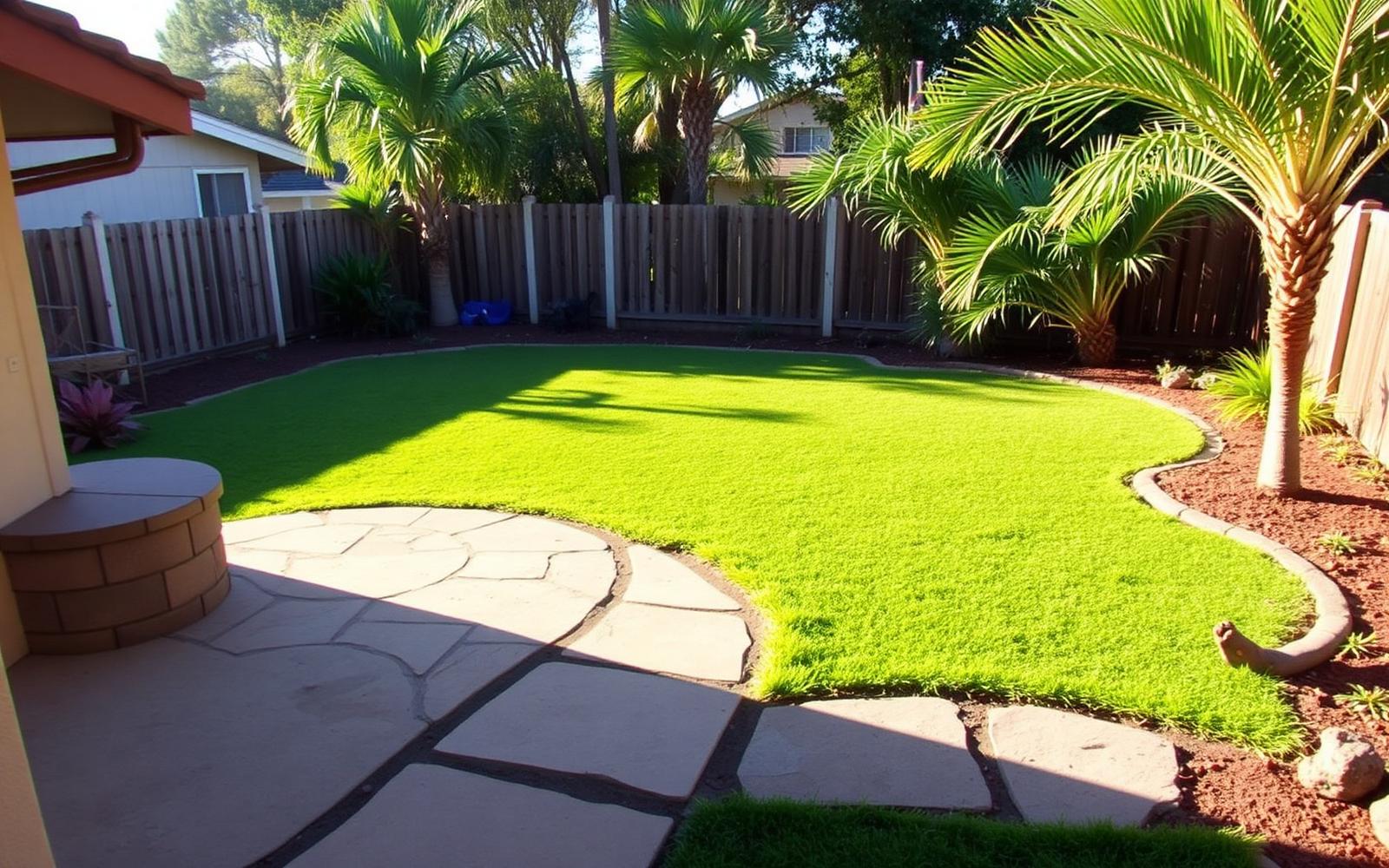 Finished backyard with turf, patio and planting