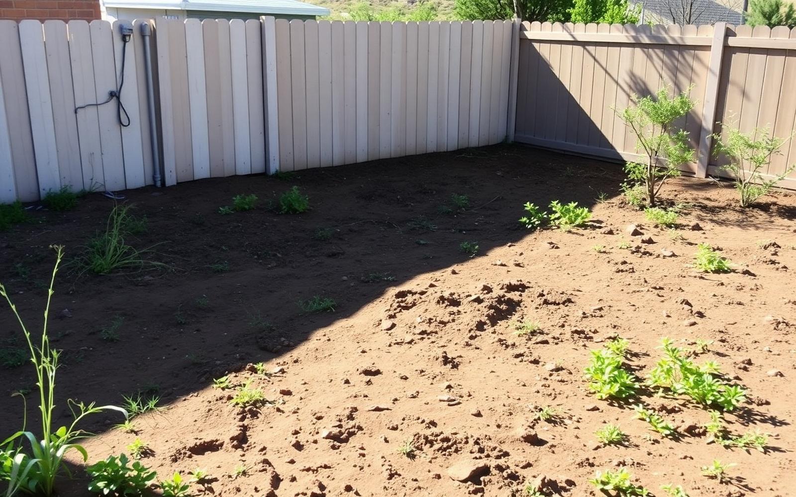 Bare dirt backyard before landscaping