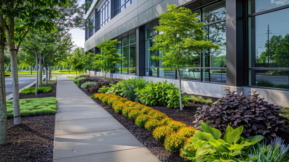 image of a building with native plant landscaping for a commercial proprty, commercial landscaping